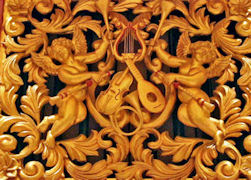 carved gold leafed cherubs & instruments, ASU pipe shades,  Fritts pipe organ, Arizona State University, Tempe AZ